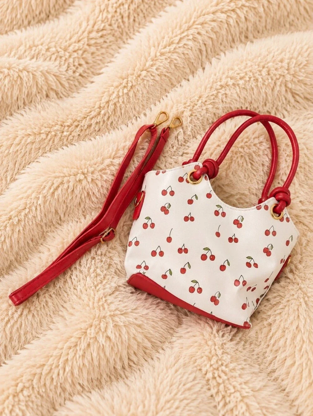 NWT Pin Up Style Red White Cherry Print Purse + Handmade Keychain Size 9 Inches